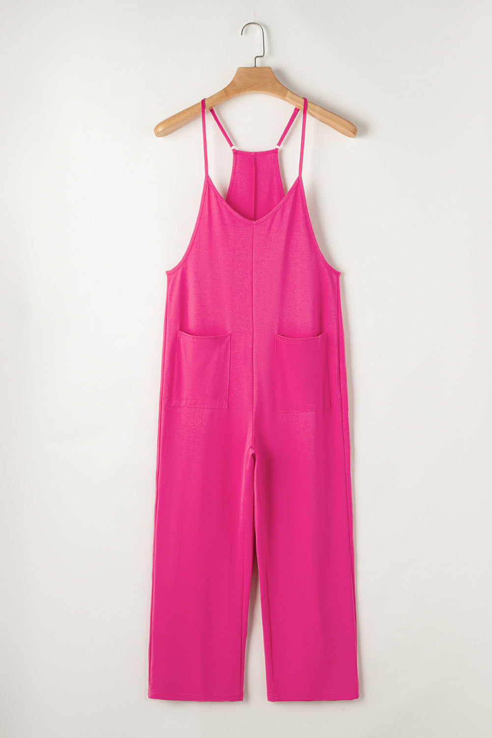 Rose Red Pocketed Adjustable Spaghetti Strap Straight Leg Jumpsuit