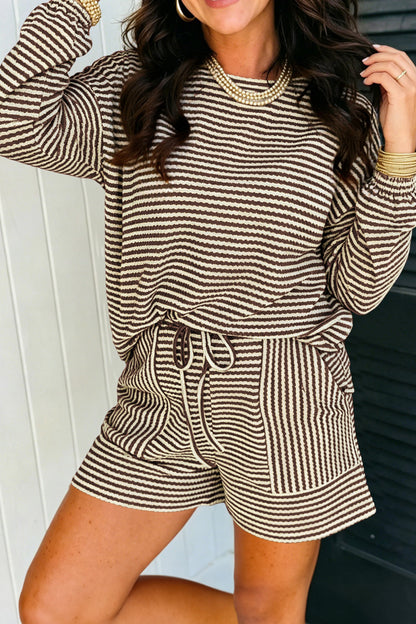 Brown Stripe Textured Knit Long Sleeve Top Elastic Waist Shorts Casual Outfit