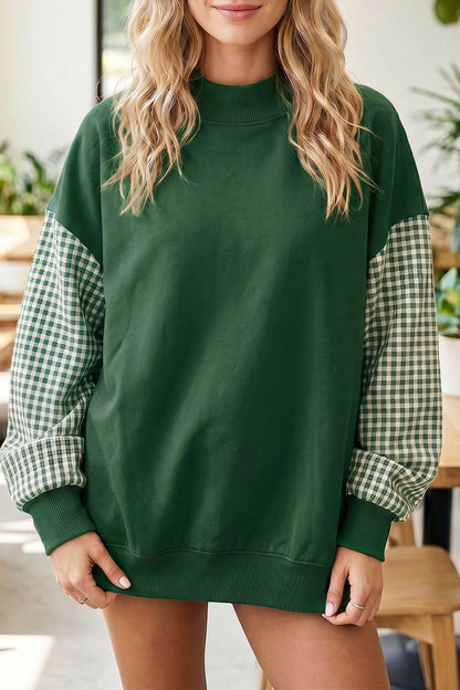 Pink Plaid Sleeve Colorblock Loose Tunic Sweatshirt