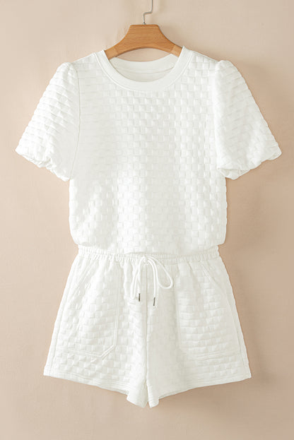 White Solid Color Checkered Texture Short 2pcs Outfit