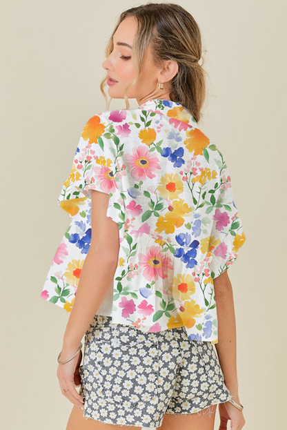Yellow Floral Boxy Fit Ruffled Short Sleeve V Neck Blouse