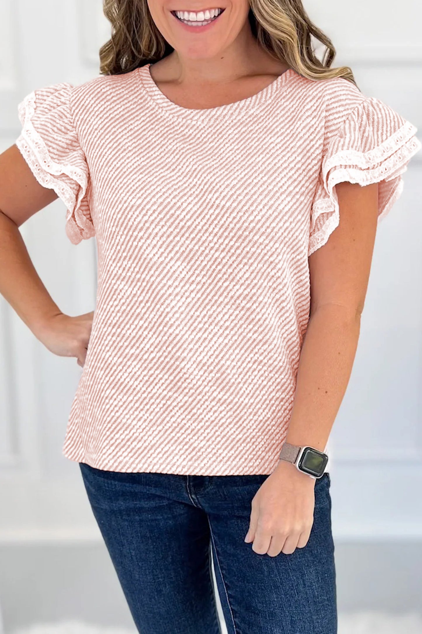 Light Pink Twilled Print Lace Trim Ruffled Short Sleeve Blouse