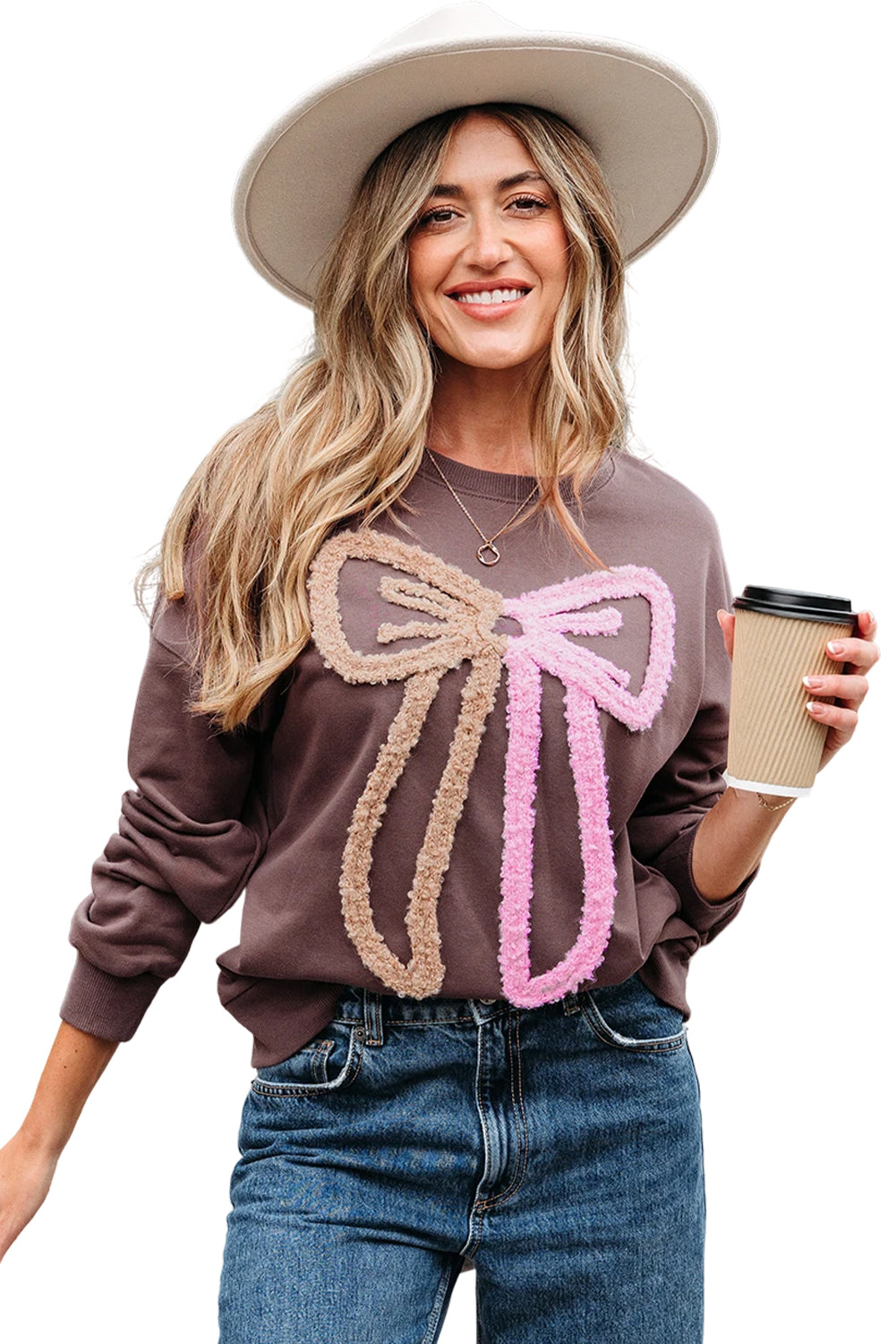 Dark Khaki Contrast Terry Bow Pattern Drop Shoulder Sweatshirt