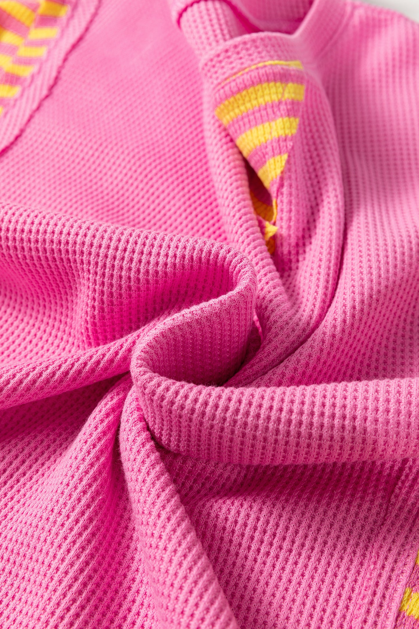 Bright Pink Waffle Textured Contrast Striped Patchwork Loose T Shirt