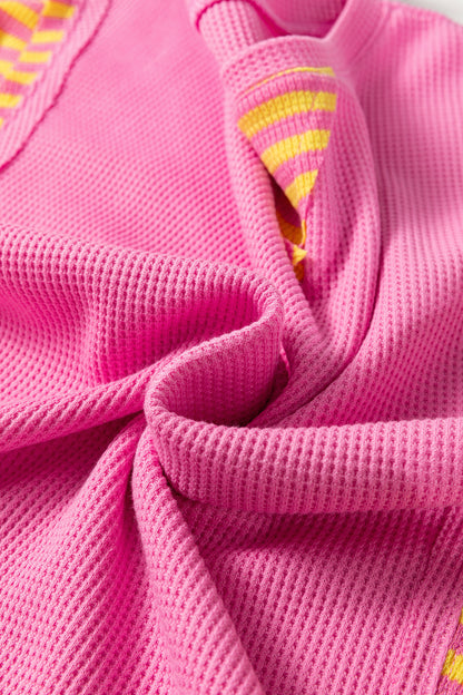 Bright Pink Waffle Textured Contrast Striped Patchwork Loose T Shirt