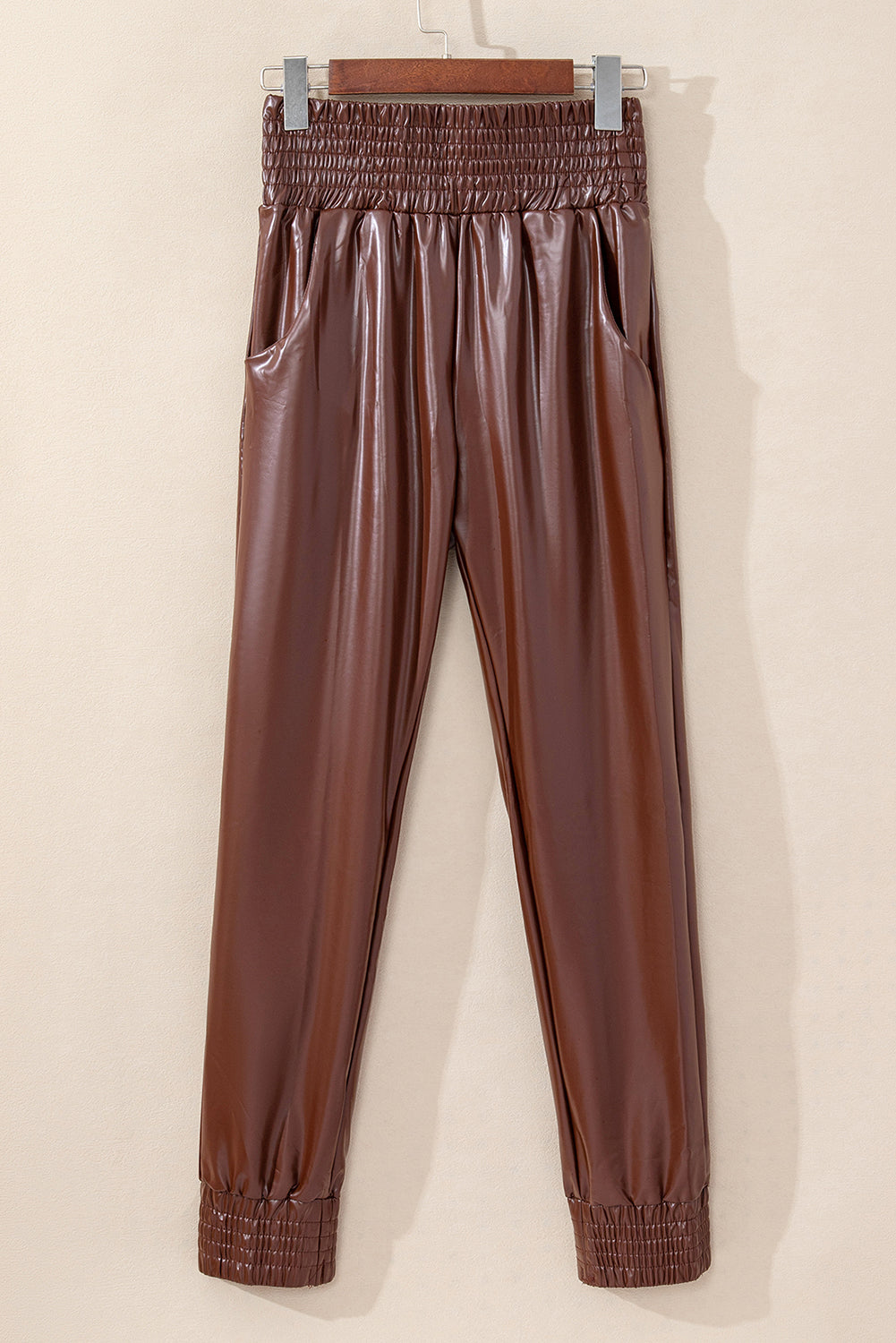 Brown Smocked High-Waist Leather Skinny Pants