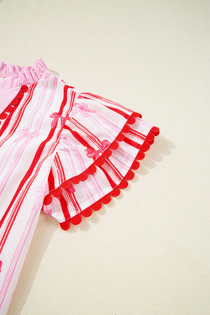 Pink Ric-rac Trim Ruffled Sleeve V Neck Bow Striped Printed Blouse