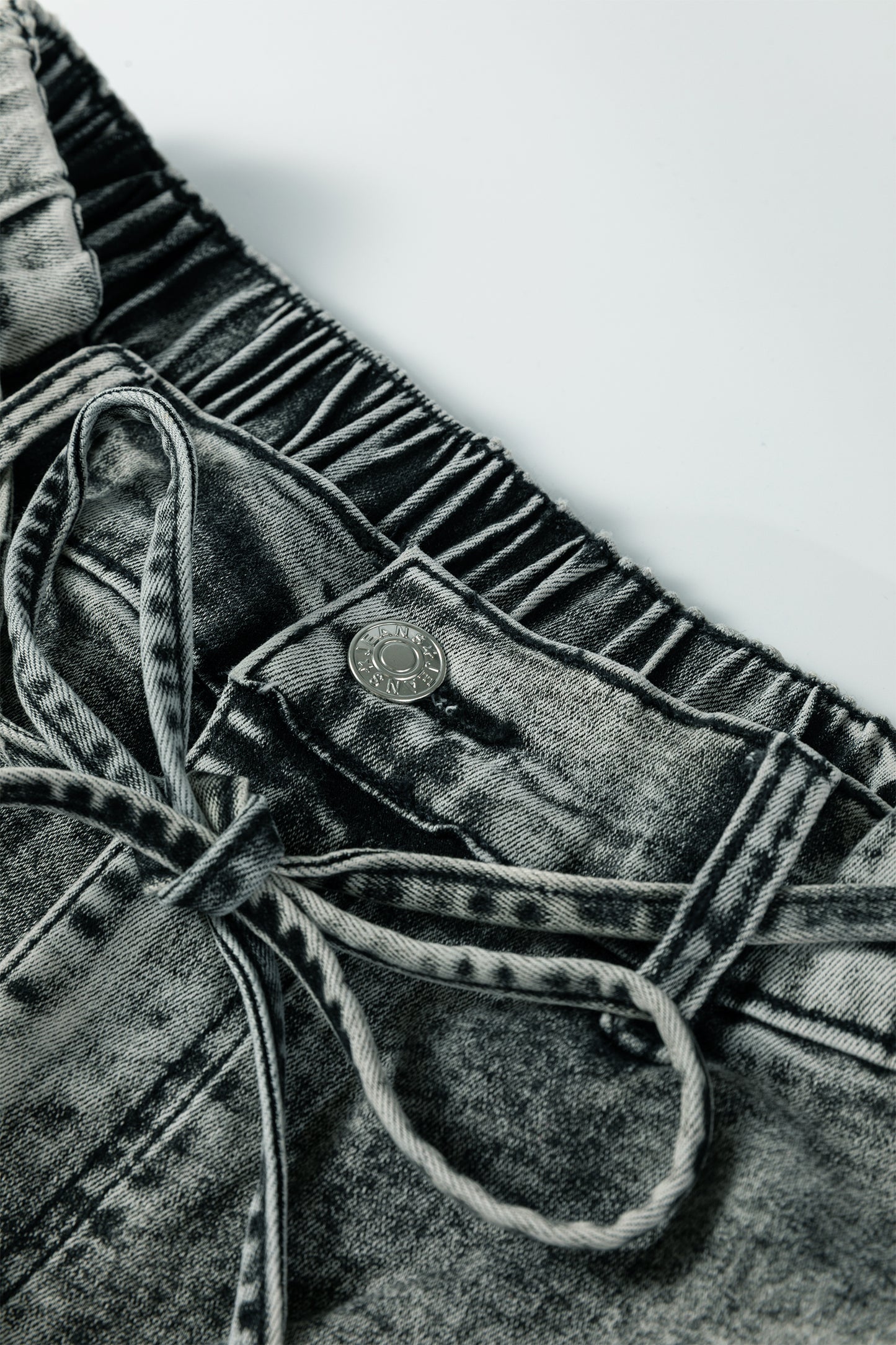 Gray Acid Wash Barrel Fit Denim Pants with Waist String