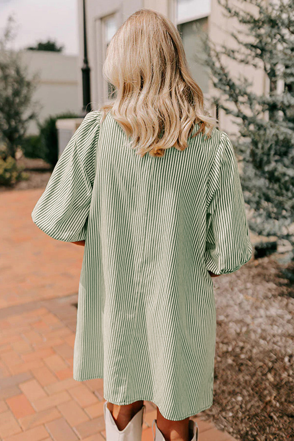 Black Stripe Color Block Patchwork Shirt Collar Button Down Puff Sleeve Mini Dress