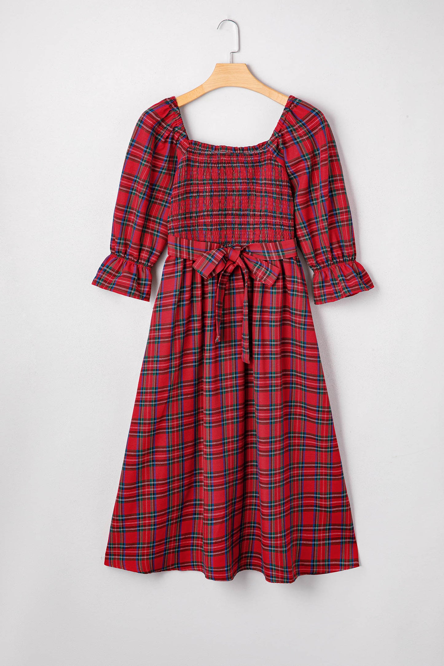 Red Tartan Plaid Square Neck Puff Sleeve Knot Waist Flared Midi Dress