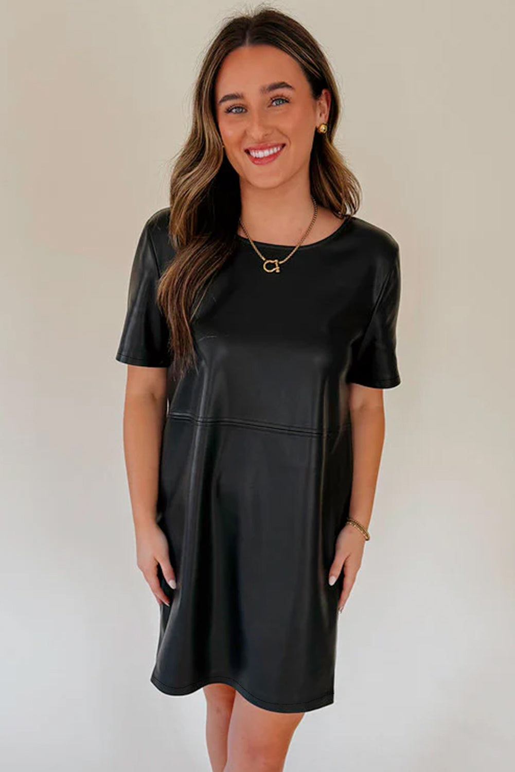 Black Faux Leather Loose T-shirt Dress