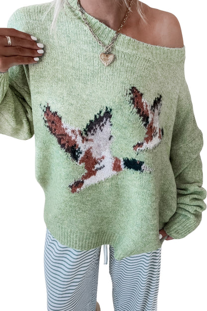 Green Wild Mallard Drop Shoulder Round Neck Long Sleeve Pullover Sweater