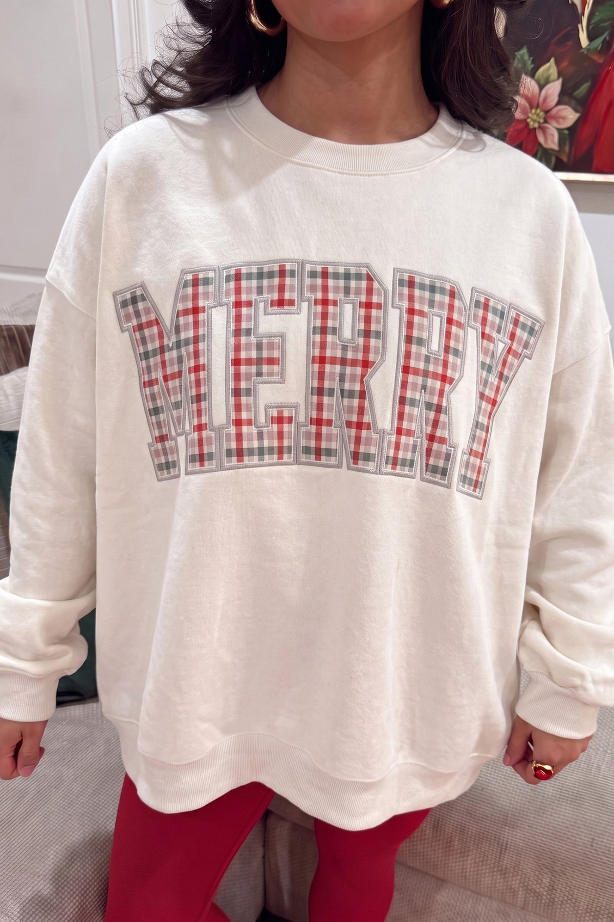 White Embroidered Plaid MERRY Sweatshirt