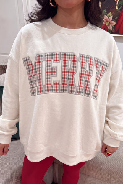 White Embroidered Plaid MERRY Sweatshirt