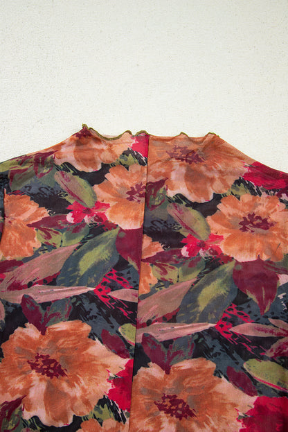 Multicolour Floral Print Lettuce Trim Long Sleeve Mesh Top