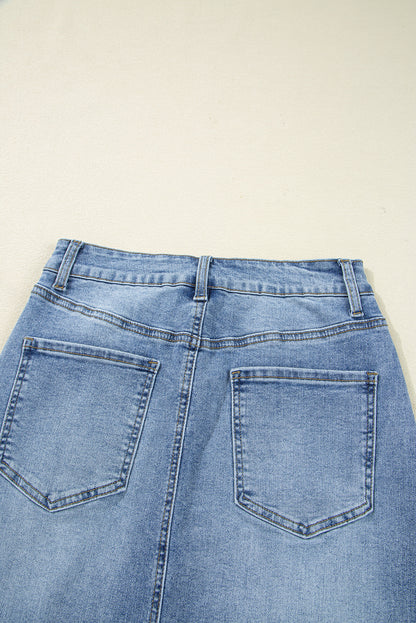 Myosotis Irregular Distressed Bottom Denim Midi Skirt