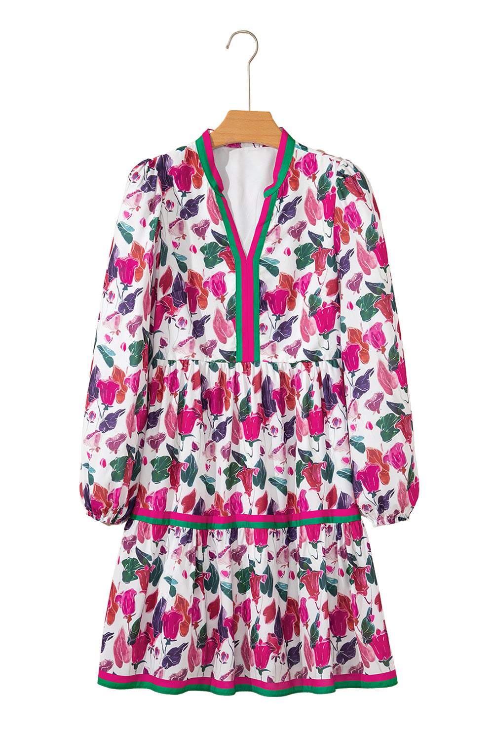 Purple Floral Print Contrast Striped Detail Long Sleeve Mini Dress