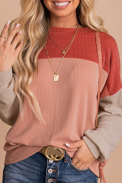 Multicolor Color Block Long Sleeve Ribbed Loose Top
