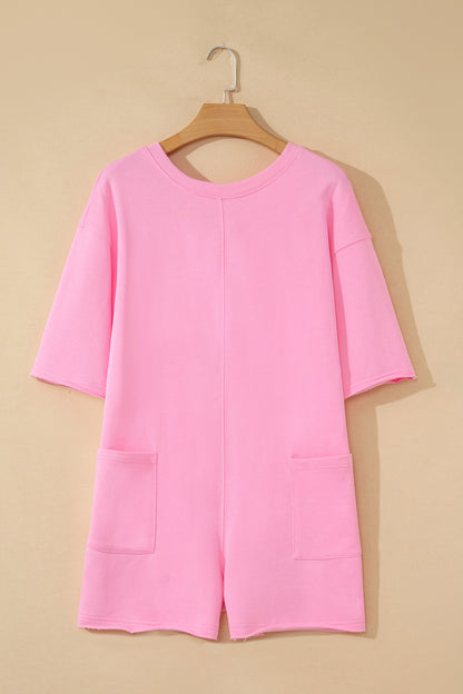 Pink Solid Color Raw Edge Half Sleeve Pocketed Loose Romper