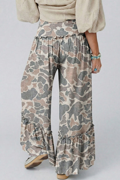 Brown Camo Print Wide Leg Casual Pants