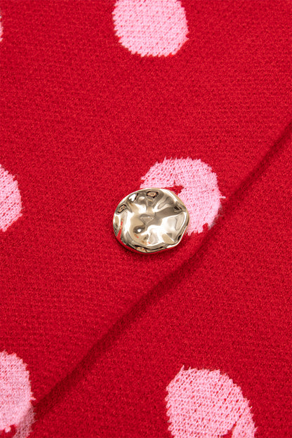 Red Polka Dot Sleeveless Knit Button Drop Shoulder Sweater Vest