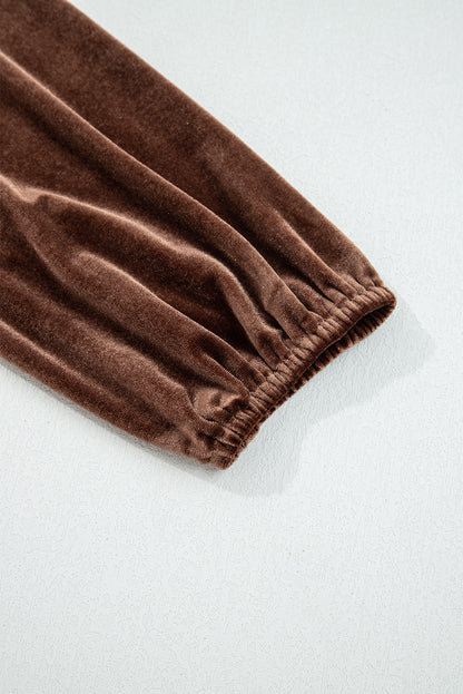 Chicory Coffee Solid Color Velvet V Neck Long Sleeve Tiered Mini Dress