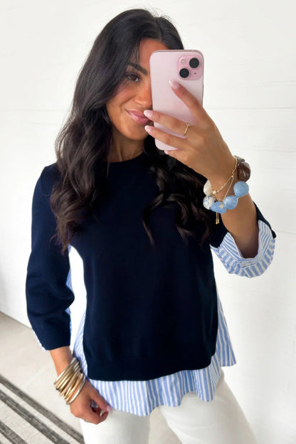 Navy Blue Drop Shoulder Long Sleeve Striped Pullover Sweater