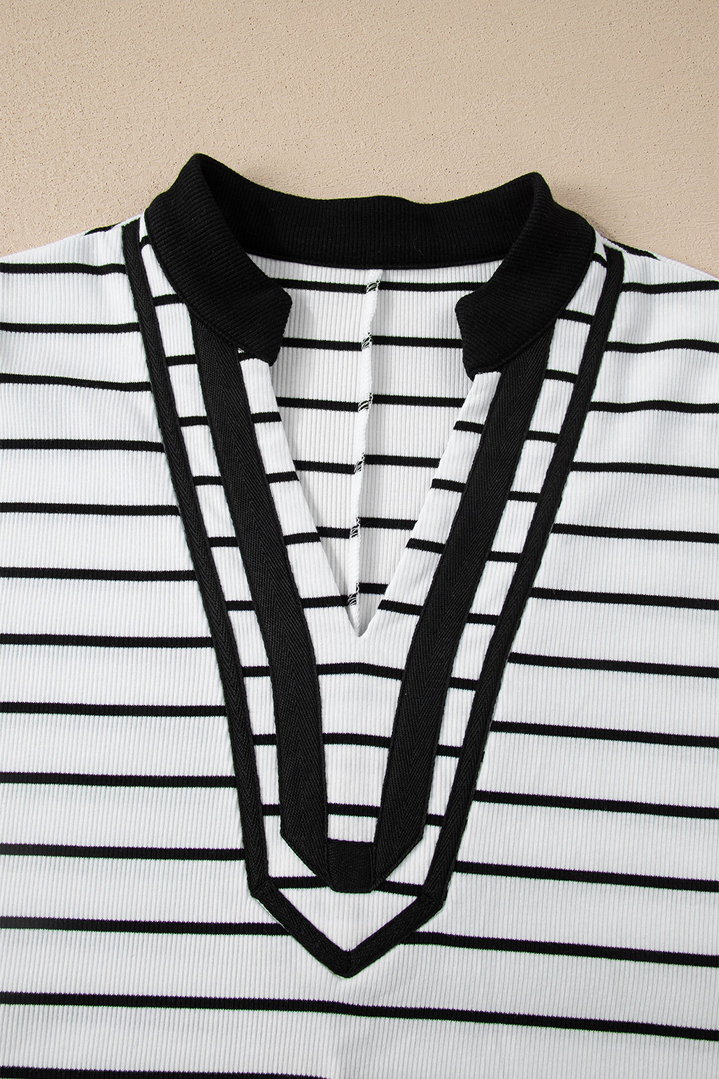 Blue Stripe Stand Collar V Neck Elastic Cuffs Half Sleeve Dolman Top