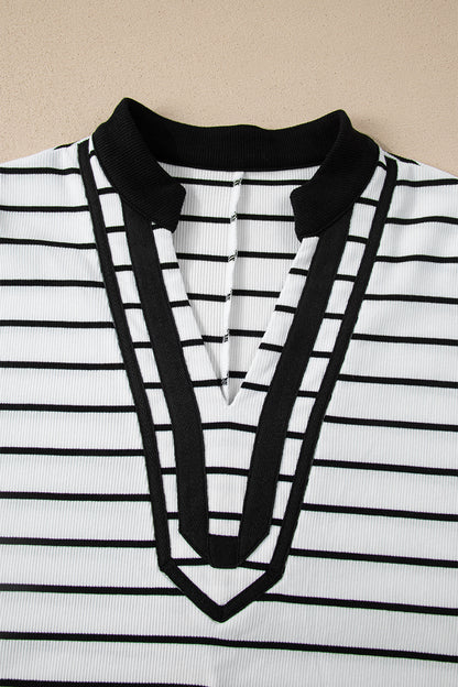 Blue Stripe Stand Collar V Neck Elastic Cuffs Half Sleeve Dolman Top