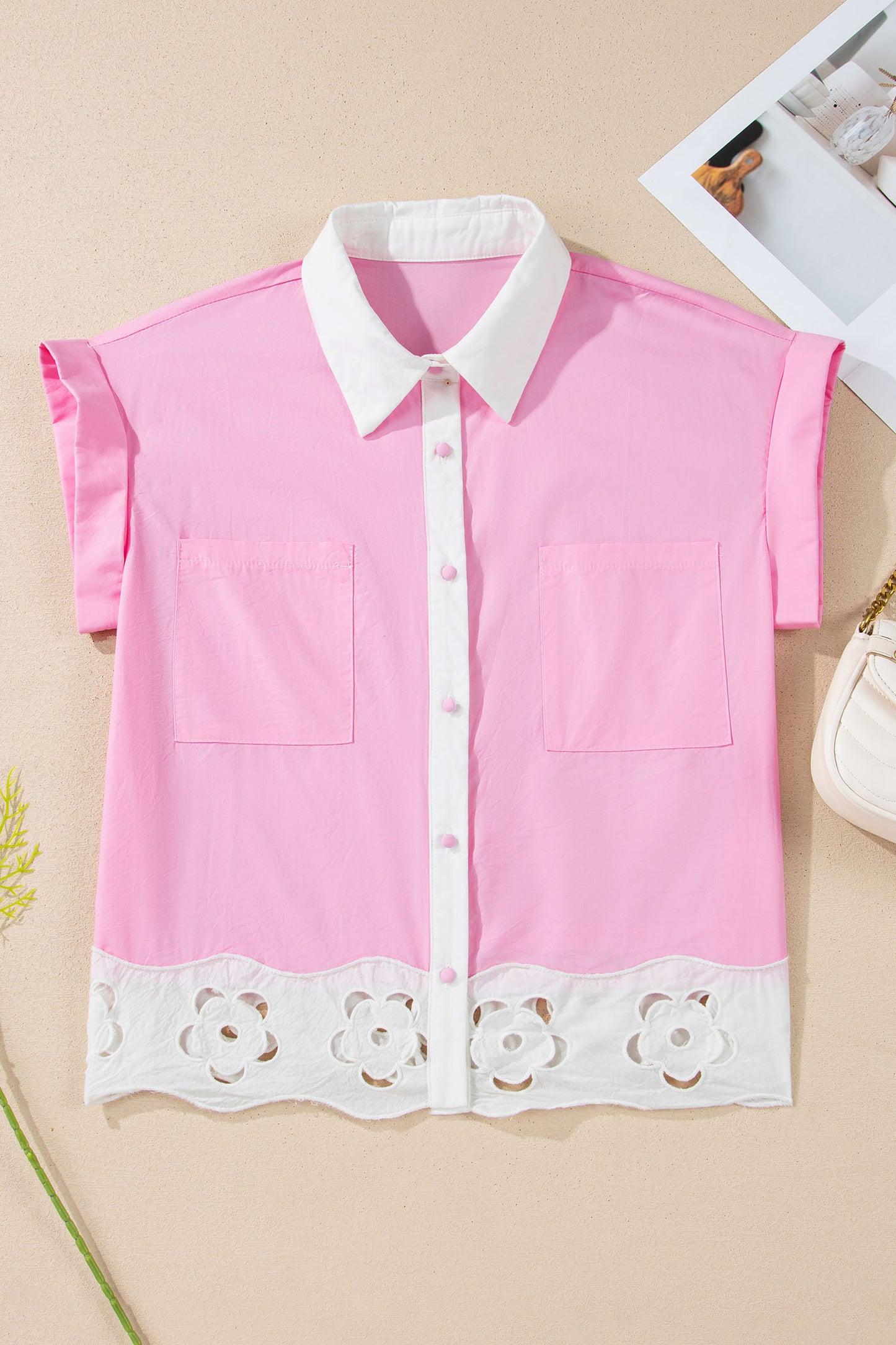 Pink Hollow-out Floral Contrast Patchwork Short Sleeve Button Up Shirt