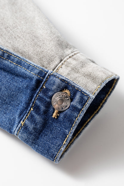 Dusk Blue Color Block Patchwork Flap Detail Distress Denim Jacket