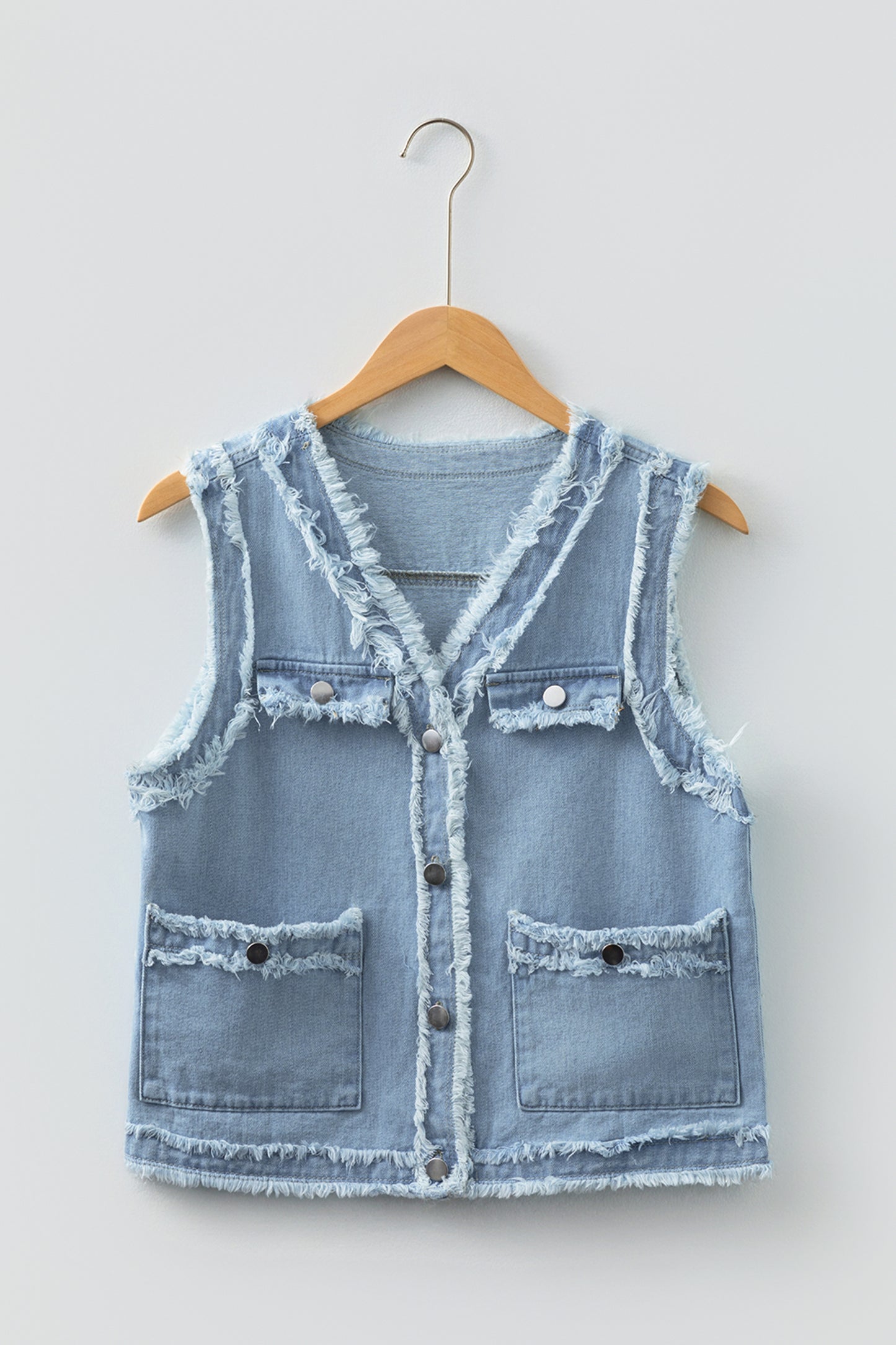 Beau Blue Frayed Edge Flap Pockets Denim Vest Jacket
