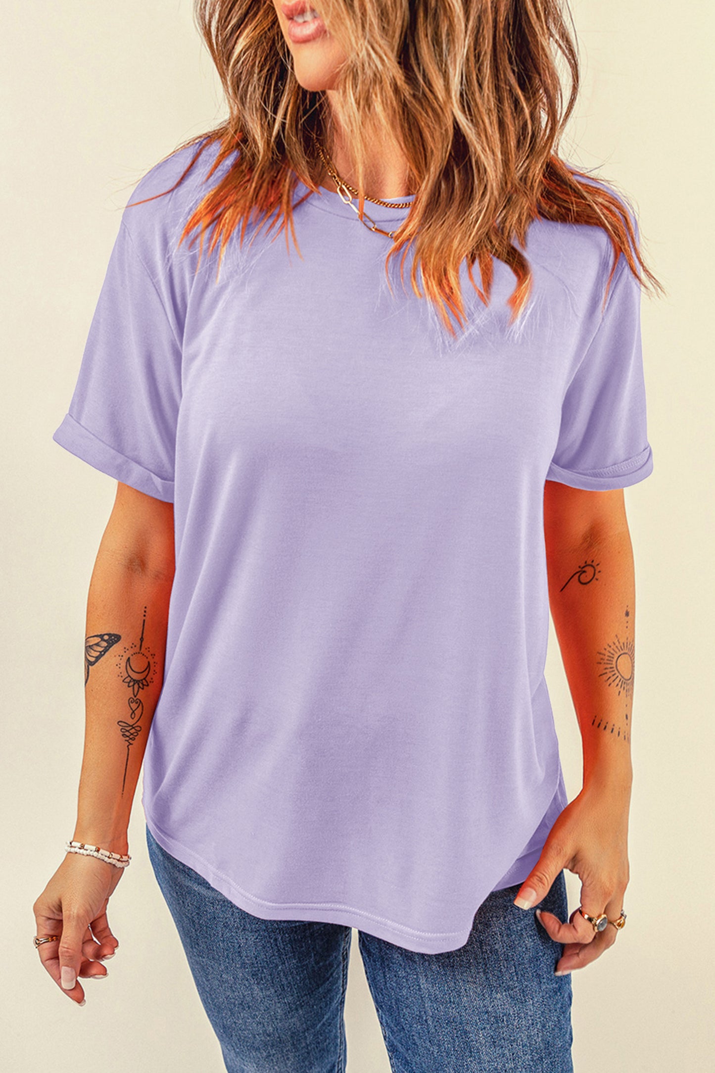 Yellow Cream Casual Plain Crew Neck Tee