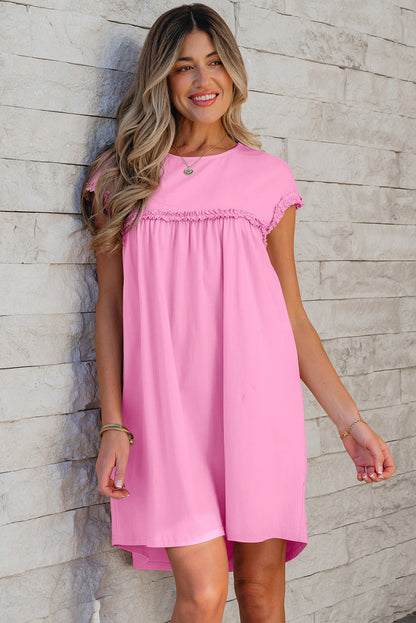 Pink Frilled Trim Crew Neck Loose Fit Mini Dress