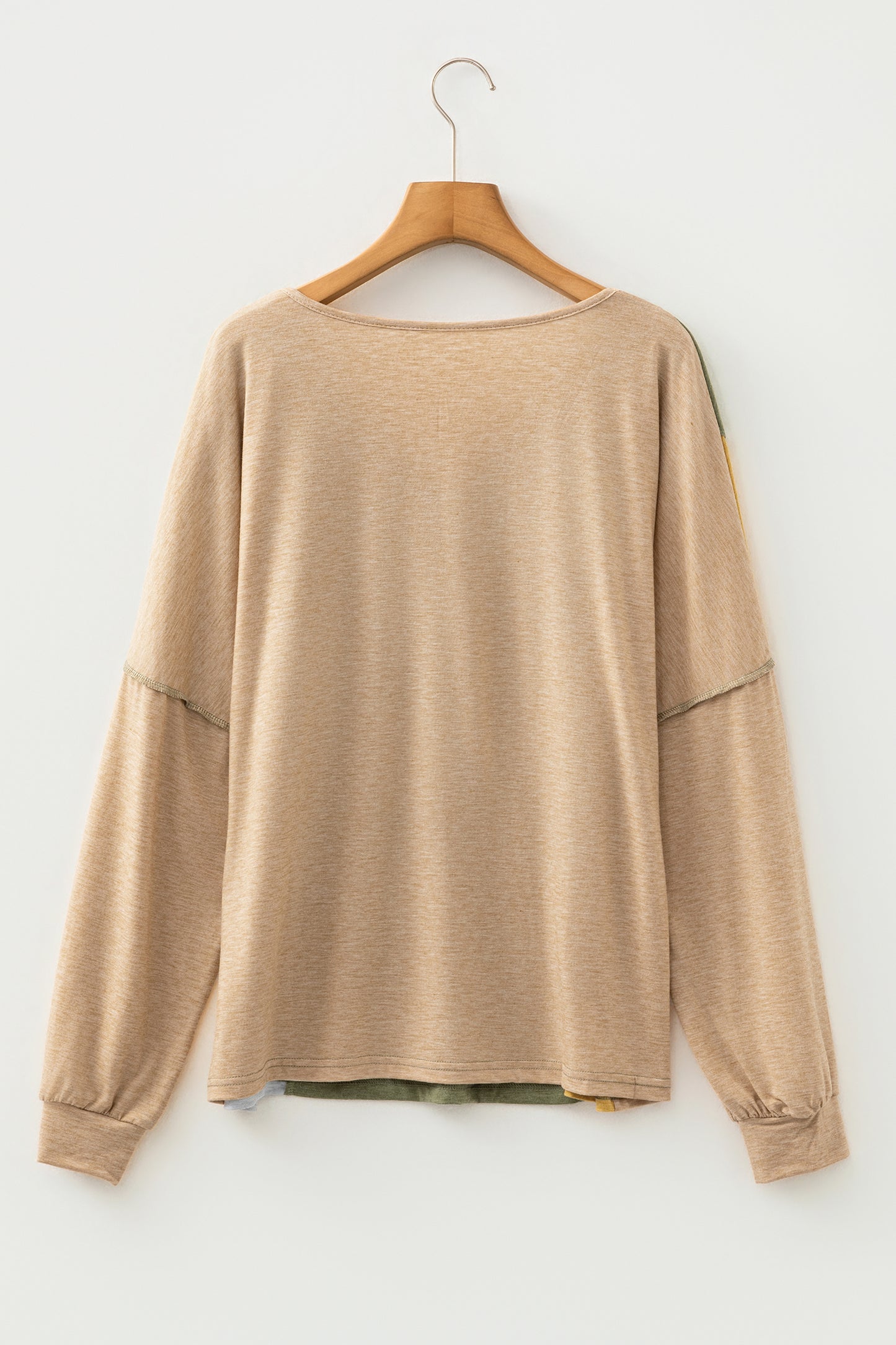 Four Leaf Clover Exposed Stitching Colorblock V Neck Long Sleeve Top
