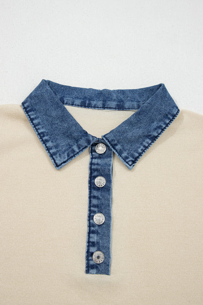 Jet Stream Short Sleeve Knit Denim Patchwork Polo Collar Sweater