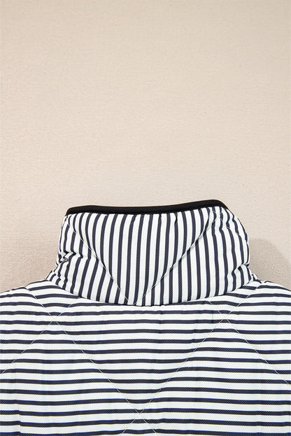 Black Stripe Contrast Trim Snap Button Collared Winter Vest