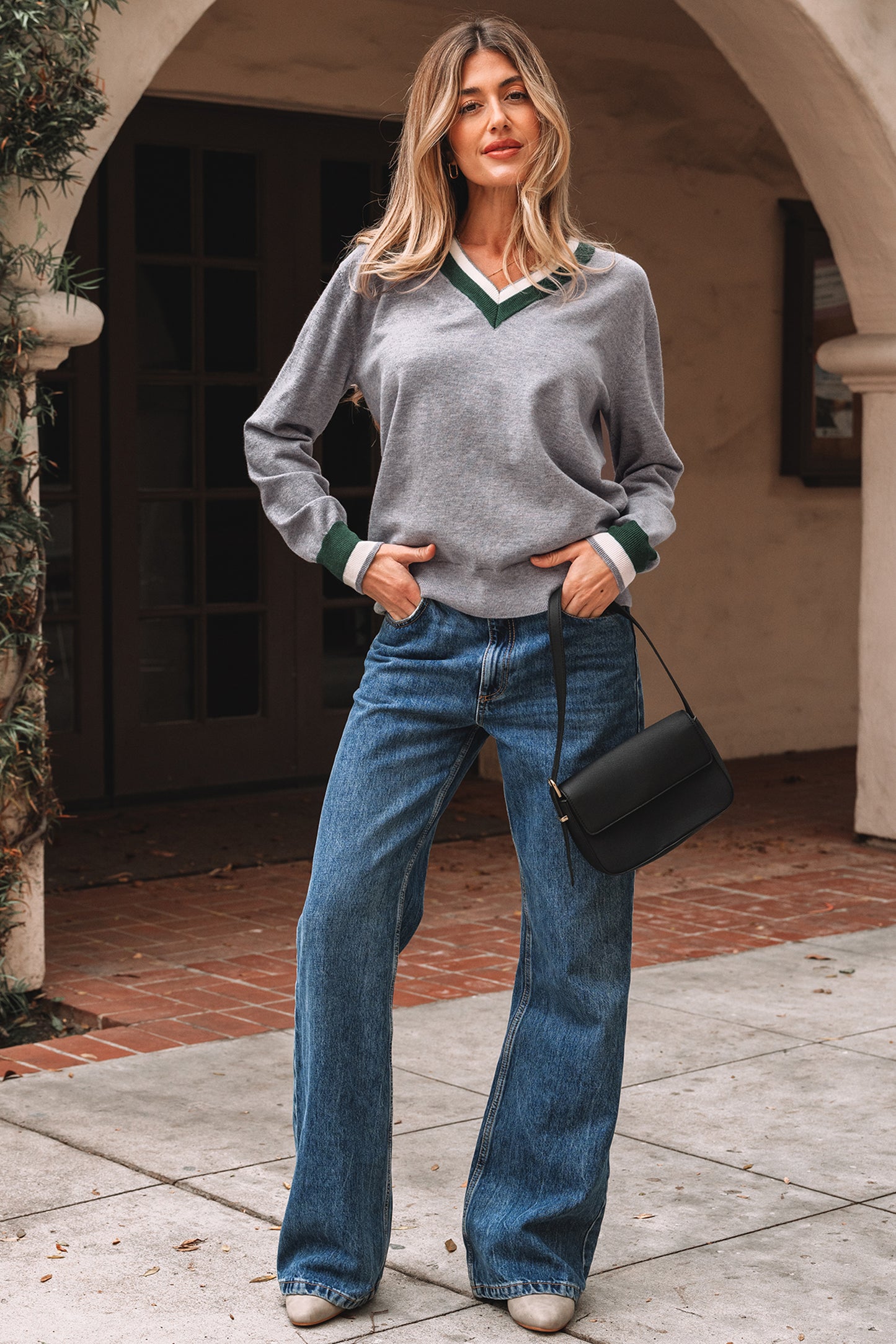 Dark Khaki Contrast Striped Trim V Neck Varsity Sweater