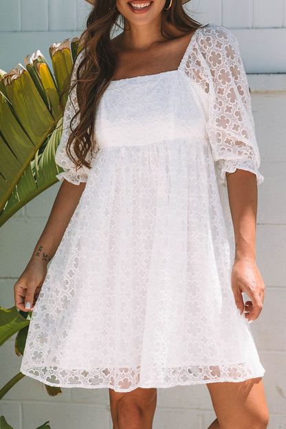 White Floral Lace Puff Sleeve Empire Waist Mini Dress