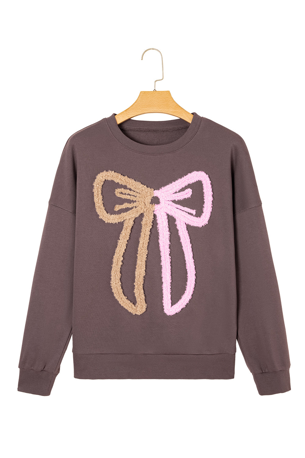 Dark Khaki Contrast Terry Bow Pattern Drop Shoulder Sweatshirt