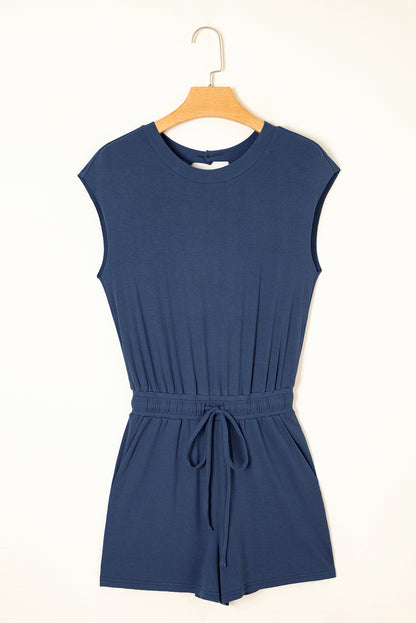 Ashleigh Blue Knit Open Back Cap Sleeve Drawstring Romper