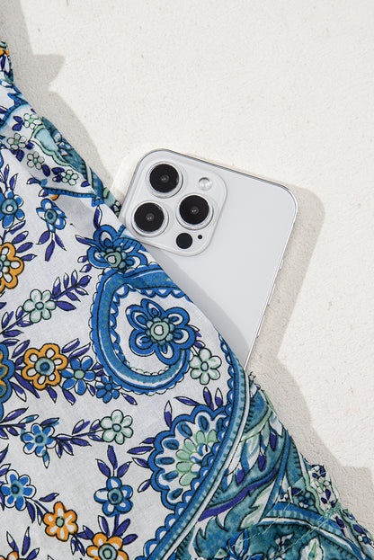 Blue Bohemian Paisley Floral V Neck Short Sleeve Mini Dress