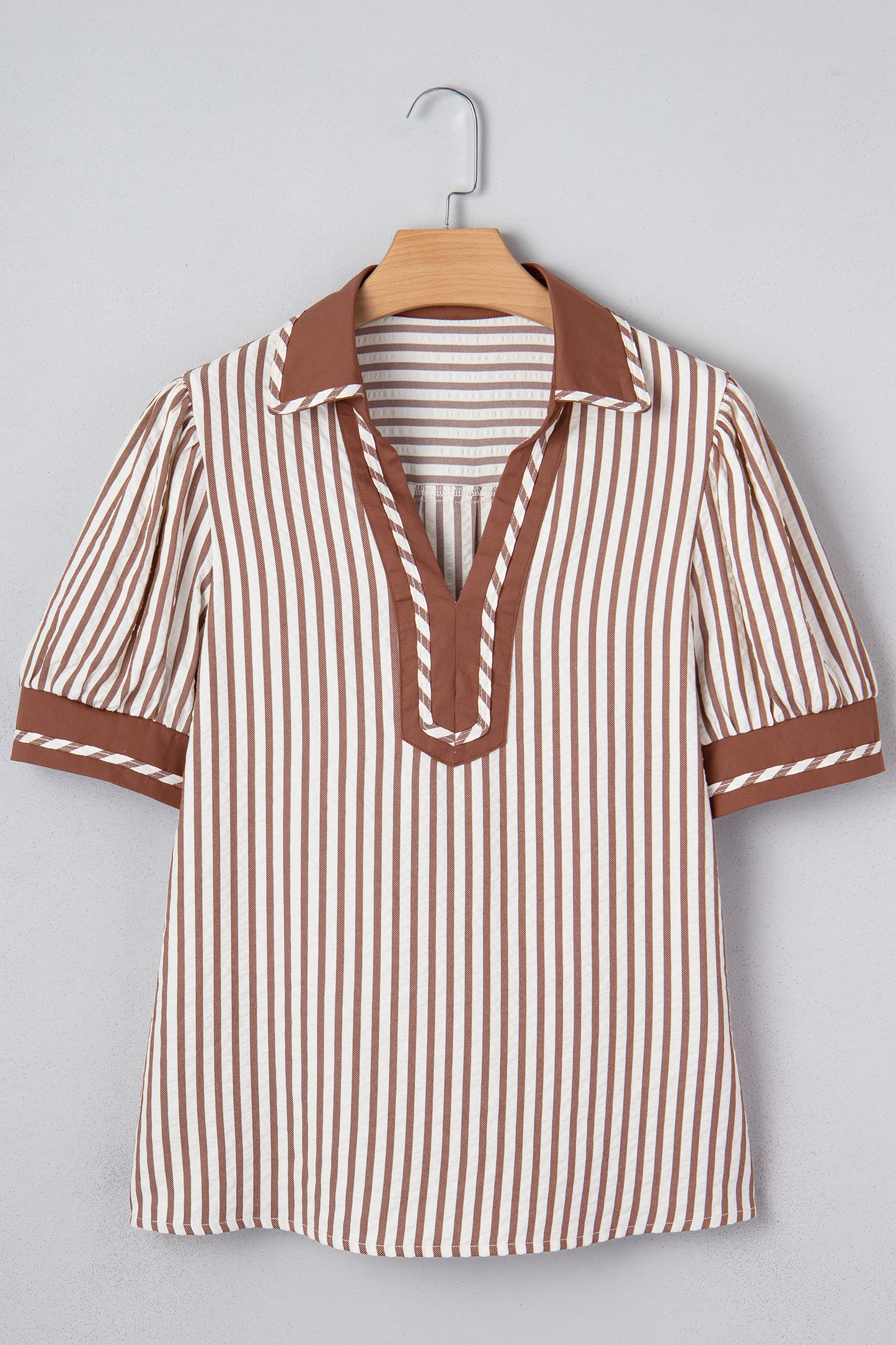 Khaki Stripe Collared Split Neck Short Bubble Sleeve Blouse