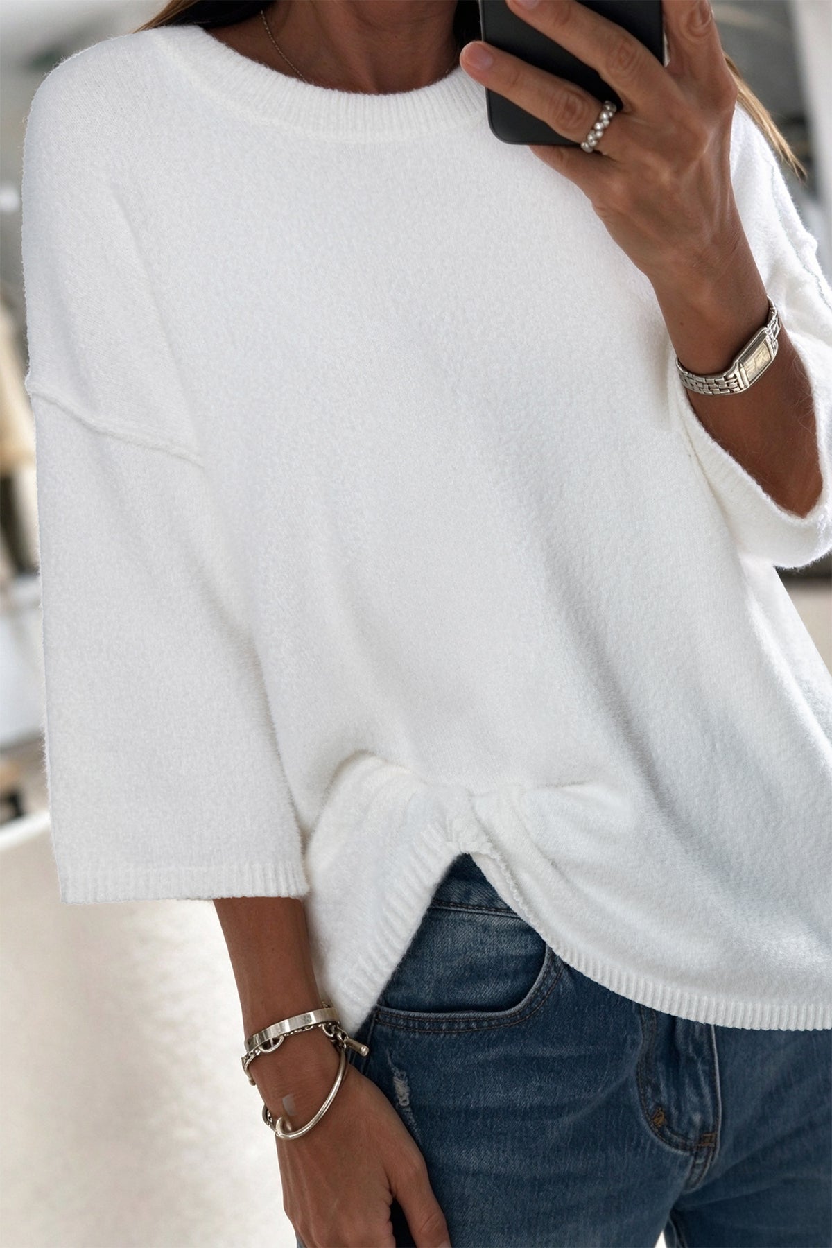 Dark Brown Solid Color Knit Half Sleeve Round Neck Shift Sweater