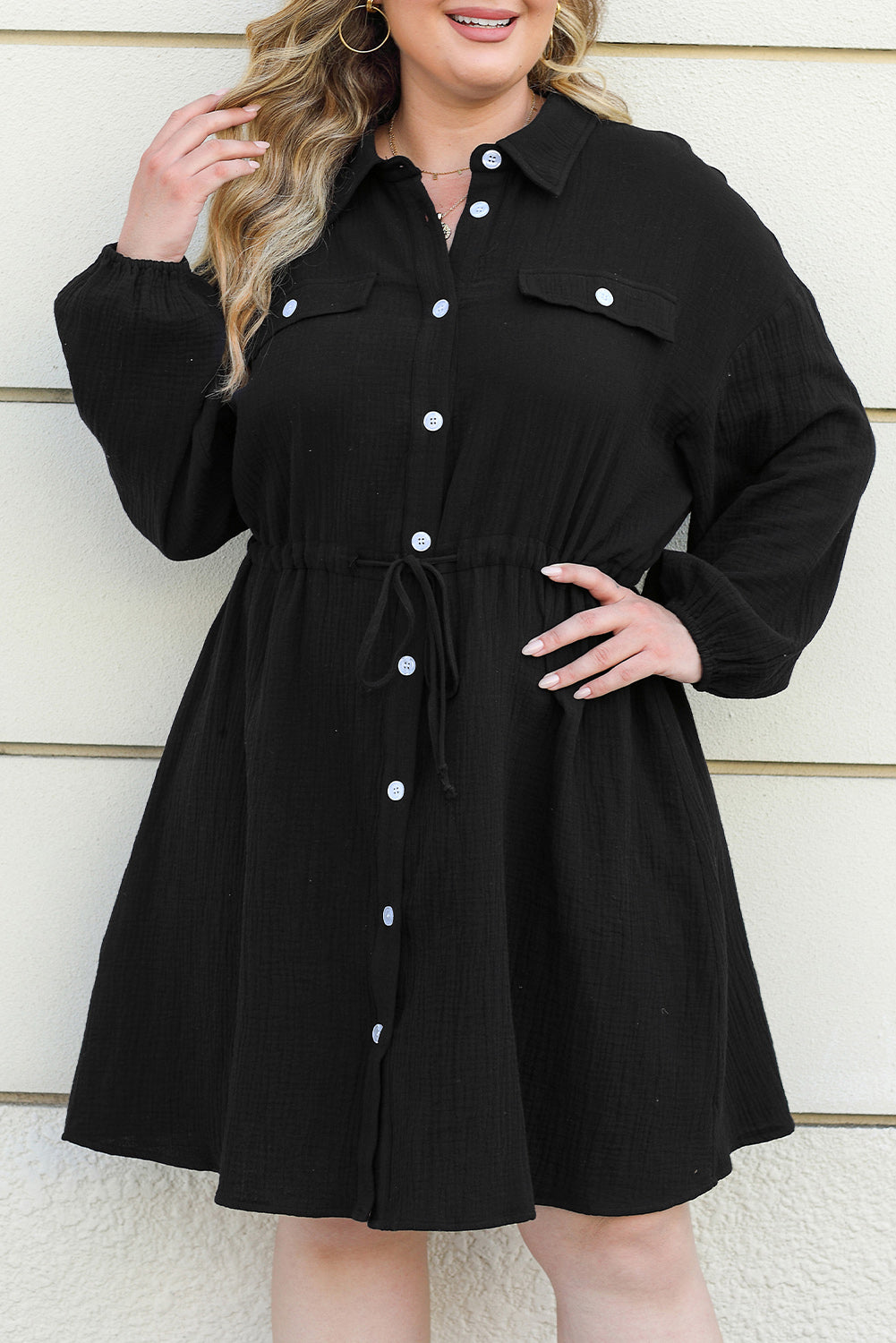 Black Plus Size Textured Drawstring Button up Shirt Dress