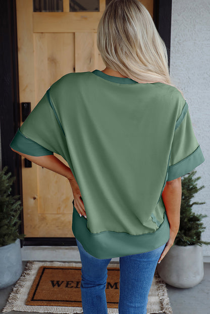 Smoke Green Half Sleeve Raw Seam High Low Side Split Top