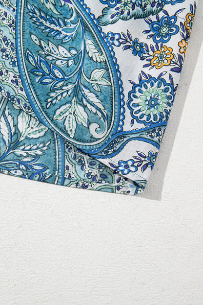 Blue Bohemian Paisley Floral V Neck Short Sleeve Mini Dress