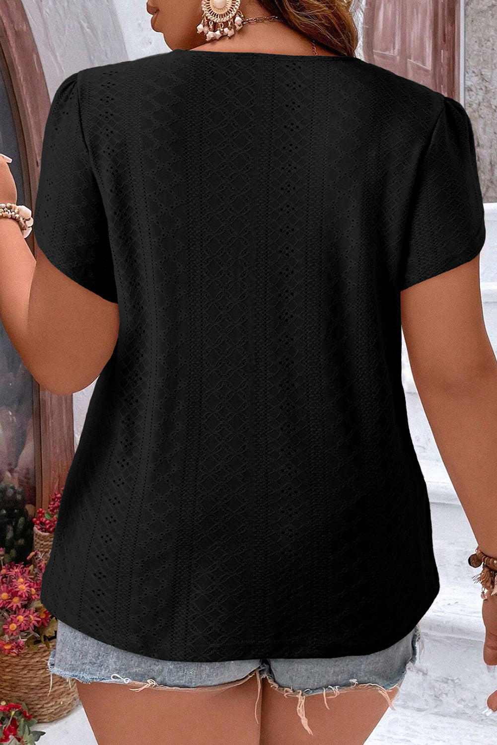 Black Guipure V Neck Plus Size Eyelet Embroidered Top