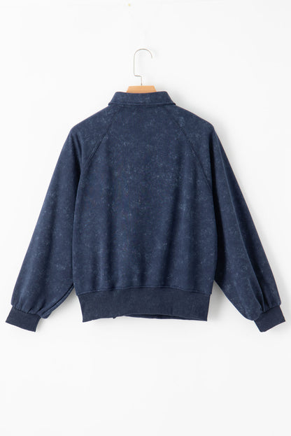 Blue Washed Snap Buttons Lantern Sleeve Pullover Sweatshirt