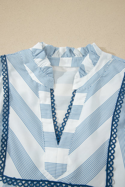 Sky Blue Stripe Subtle Lace Detail V Neck Ruffle Trim Casual Dress
